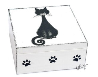 Dřevěná krabička na čaj - černá kočka