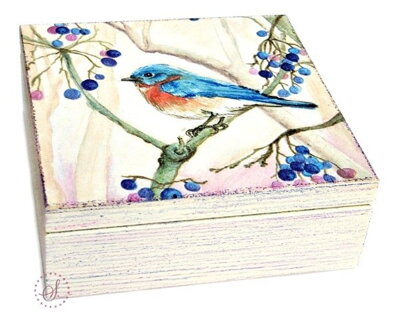 Dřevěná krabička na čaj - modrý ptáček