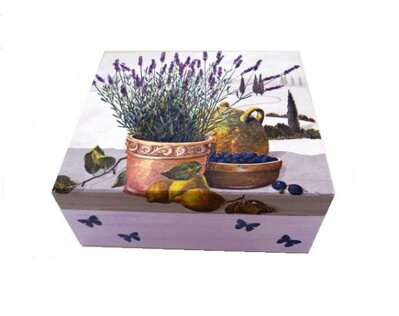 Dřevěná truhlička (šperkovnice) - levandule a olivy