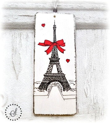 Dřevěná záložka do knihy  - Eiffelovka s červenou mašlí