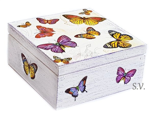 Dřevěná krabička na čaj - barevní motýli