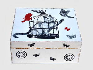 Dřevěná krabička na čaj - kočka v kleci